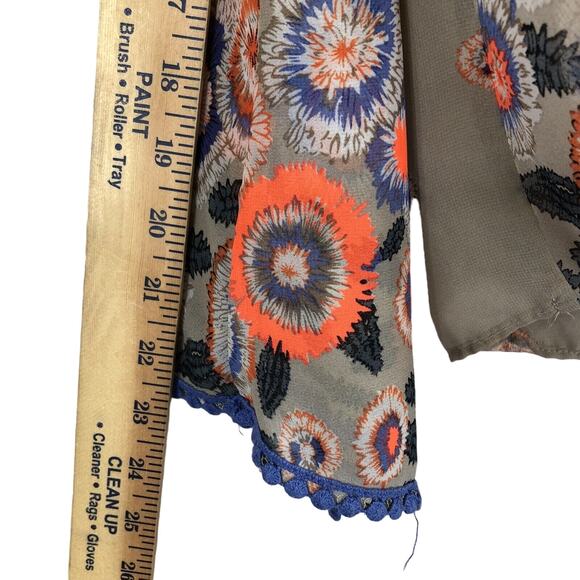 Moon Collection Blouse Sz S Tan Sheer Embroidered Colorful Floral Boho Festival - Picture 6 of 7